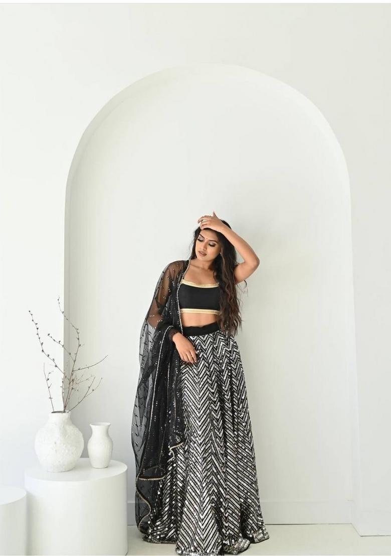 Black embroidered Georgette Lehenga Set With Dupatta