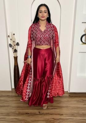 Red embroidered Satin Lehenga Set With Dupatta