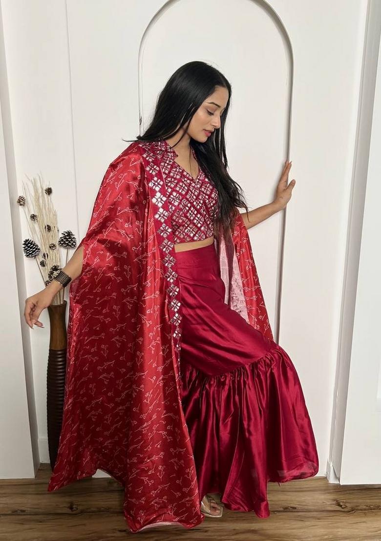 Red embroidered Satin Lehenga Set With Dupatta