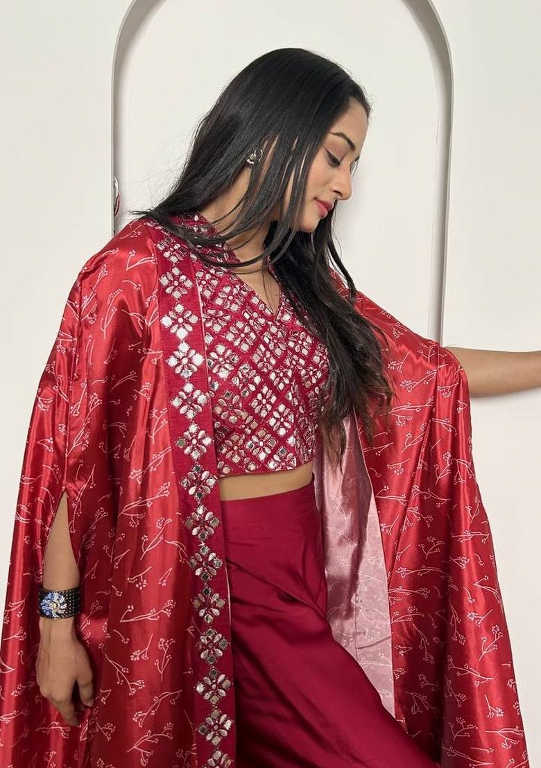 Red embroidered Satin Lehenga Set With Dupatta