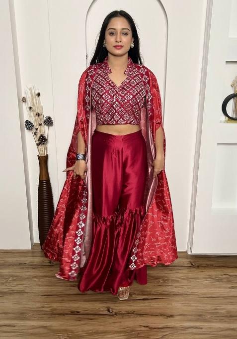 Red embroidered Satin Lehenga Set With Dupatta
