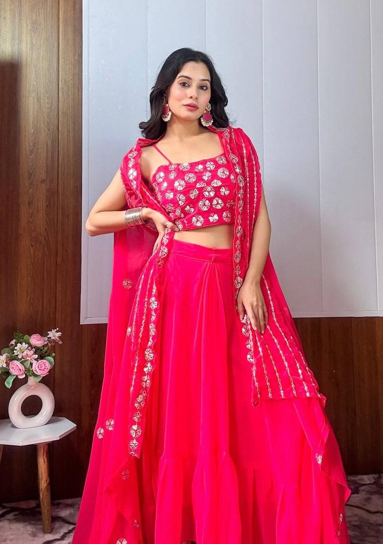 Pink embroidered Georgette Lehenga Set With Dupatta