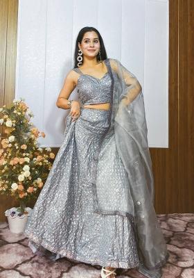 Grey embroidered Viscose Lehenga Set With Dupatta