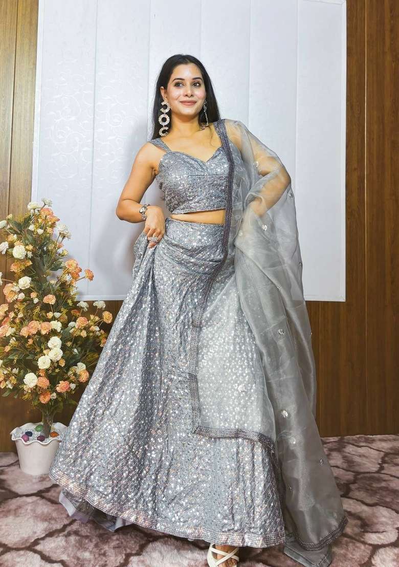 Grey embroidered Viscose Lehenga Set With Dupatta for Diwali and Festive Wear - Indya