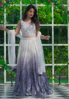 White embroidered Georgette Lehenga Set With Dupatta