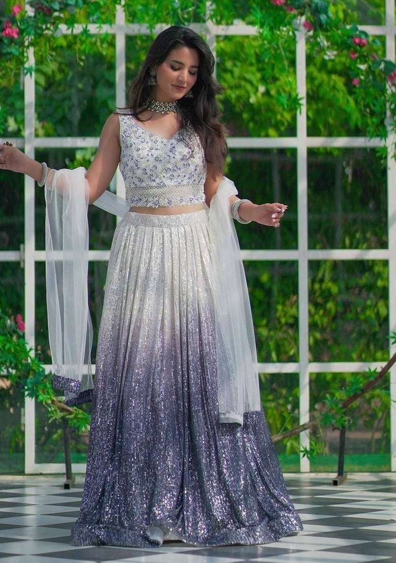 White embroidered Georgette Lehenga Set With Dupatta - Indya