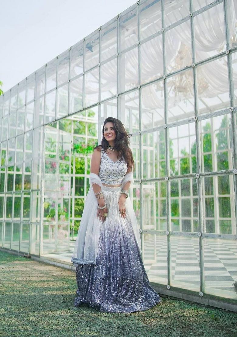 White embroidered Georgette Lehenga Set With Dupatta