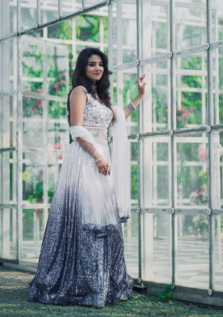 White embroidered Georgette Lehenga Set With Dupatta - Indya