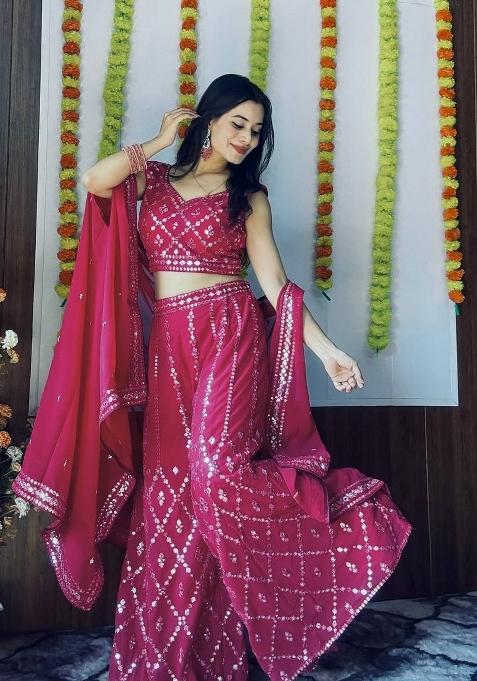 Pink embroidered Georgette Lehenga Set With Dupatta