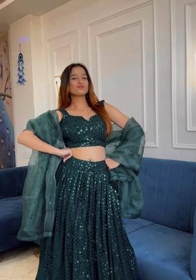 Green embroidered Georgette Lehenga Set With Dupatta