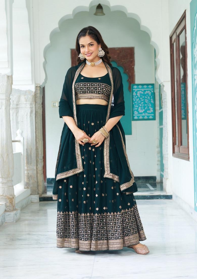 Green embroidered Georgette Lehenga Set With Dupatta