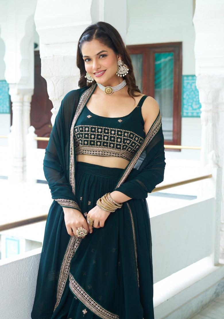 Green embroidered Georgette Lehenga Set With Dupatta