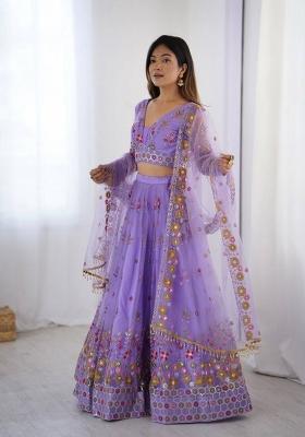 Lavender embroidered Net Lehenga Set With Dupatta