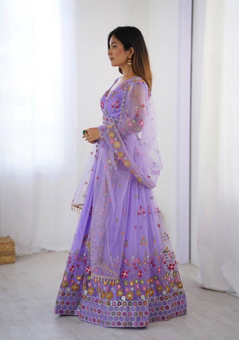 Lavender embroidered Net Lehenga Set With Dupatta