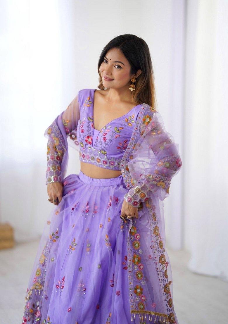 Lavender embroidered Net Lehenga Set With Dupatta