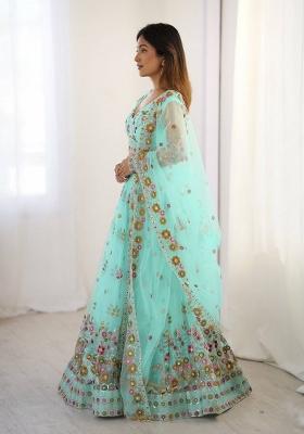 Sea Green embroidered Net Lehenga Set With Dupatta