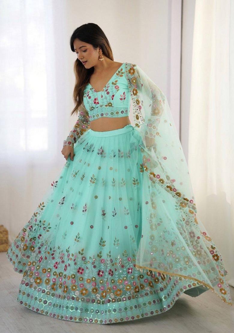 Sea Green embroidered Net Lehenga Set With Dupatta