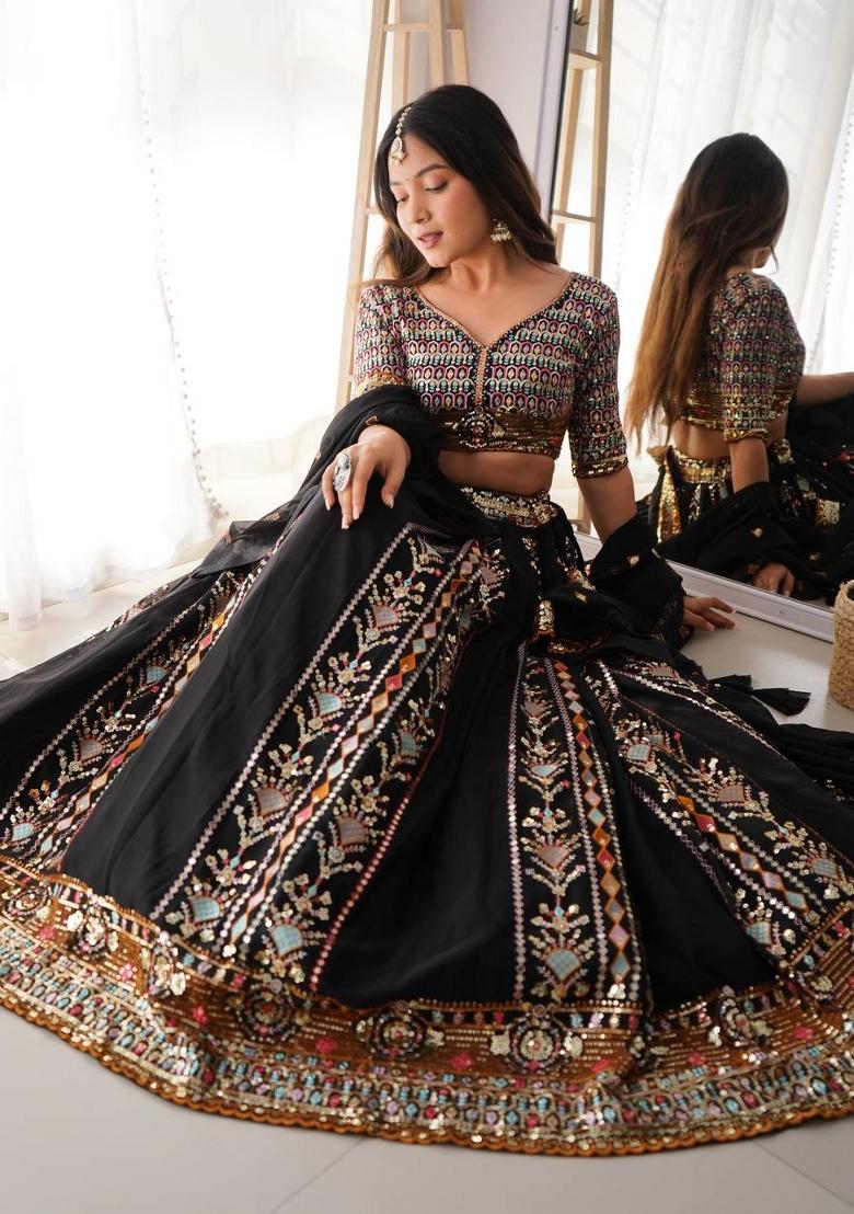Black embroidered Georgette Lehenga Set With Dupatta