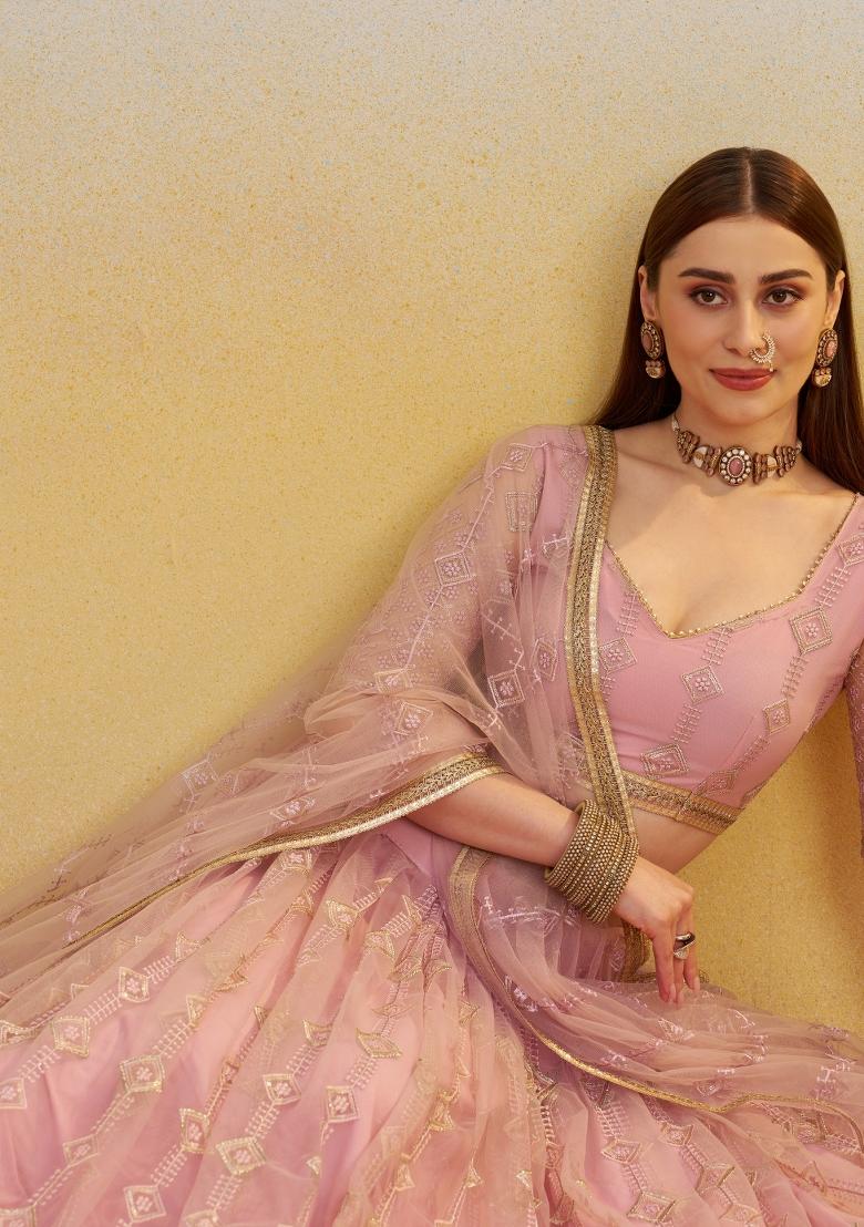 Pink embroidered Net Lehenga Set With Dupatta