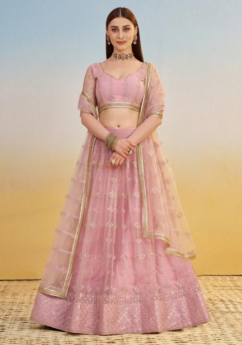 Pink embroidered Net Lehenga Set With Dupatta