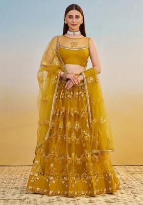 Mustard Yellow embroidered Net Lehenga Set With Dupatta