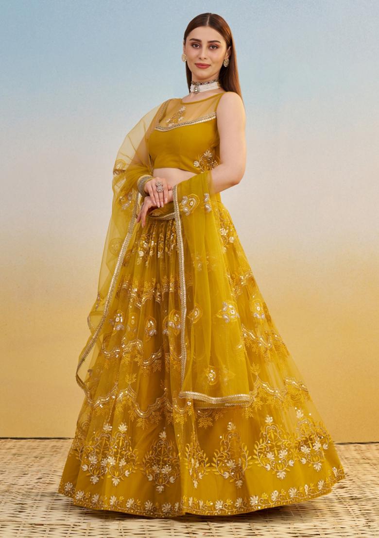 Mustard Yellow embroidered Net Lehenga Set With Dupatta