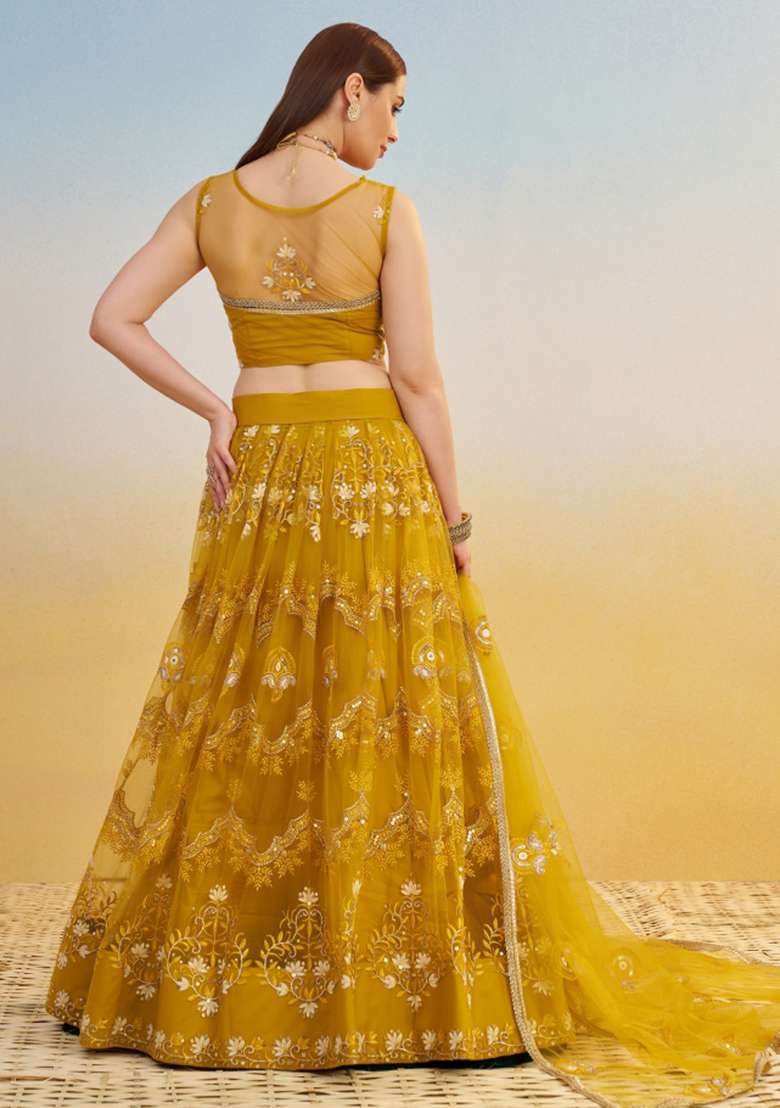 Mustard Yellow With Dupatta Net Lehenga Set with embroidered for Diwali | Wedding & Festive Wear - Indya