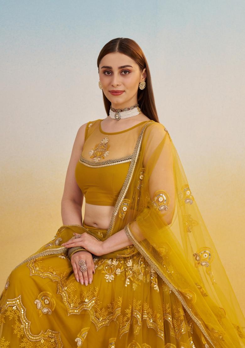 Mustard Yellow embroidered Net Lehenga Set With Dupatta