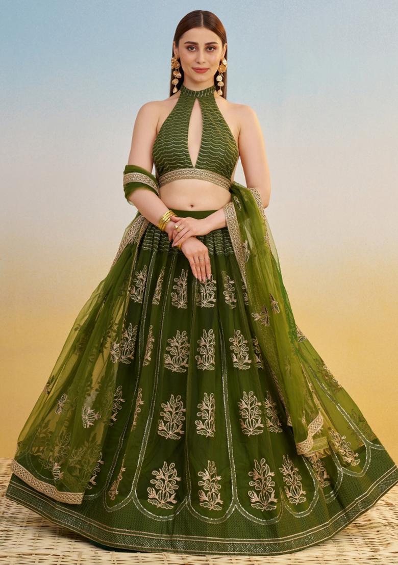 Mehendi Green embroidered Net Lehenga Set With Dupatta