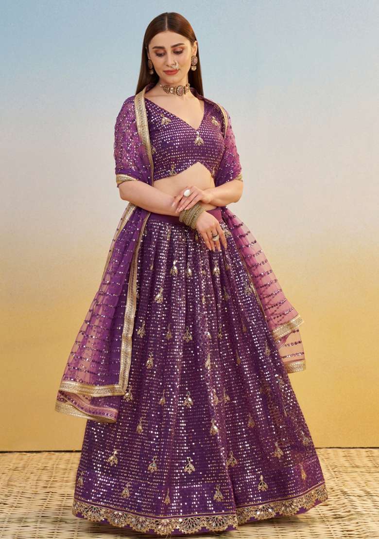 Dark Purple embroidered Net Lehenga Set With Dupatta for Diwali and Festive Wear - Indya
