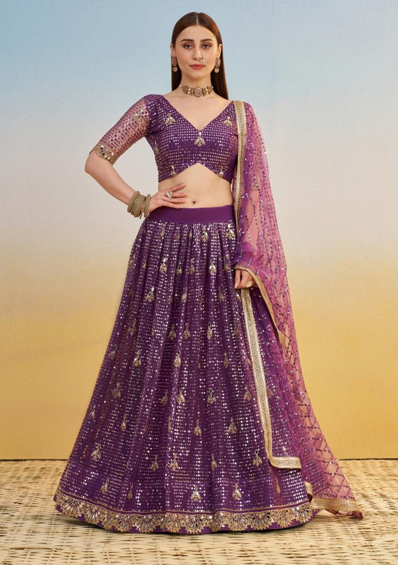 Dark Purple embroidered Net Lehenga Set With Dupatta