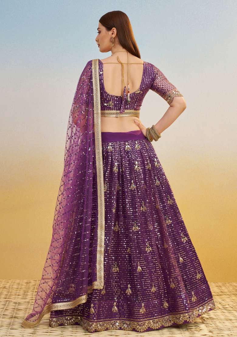 Dark Purple embroidered Net Lehenga Set With Dupatta for Diwali and Festive Wear - Indya