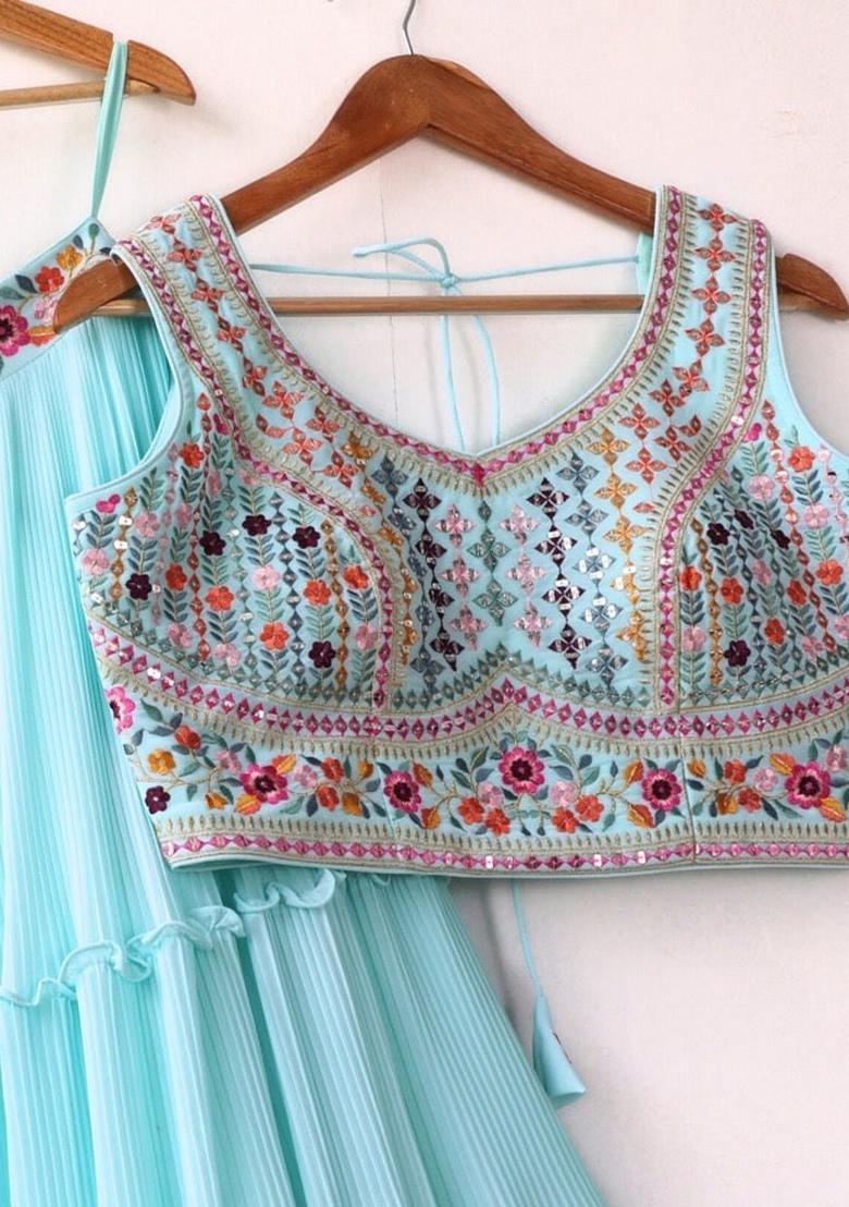 Sky embroidered Georgette Lehenga Set With Dupatta