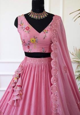 Pink embroidered Vichitra  Lehenga Set With Dupatta