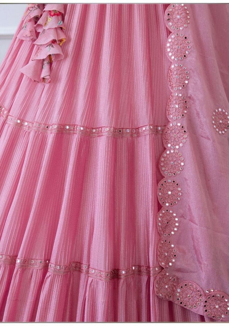 Pink embroidered Vichitra  Lehenga Set With Dupatta