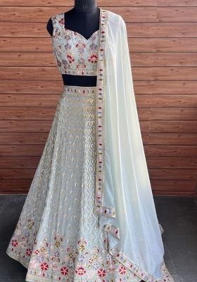 White embroidered Georgette Lehenga Set With Dupatta