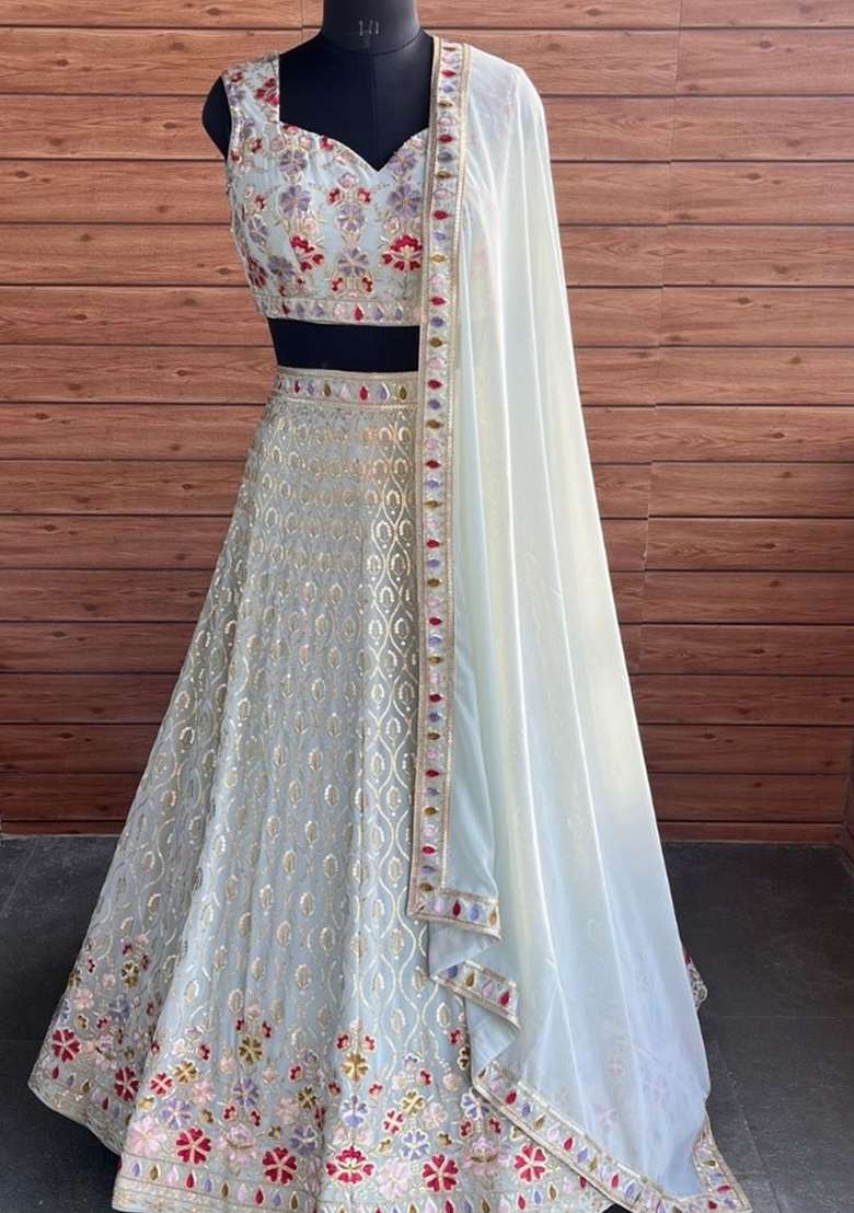 White embroidered Georgette Lehenga Set With Dupatta - Indya