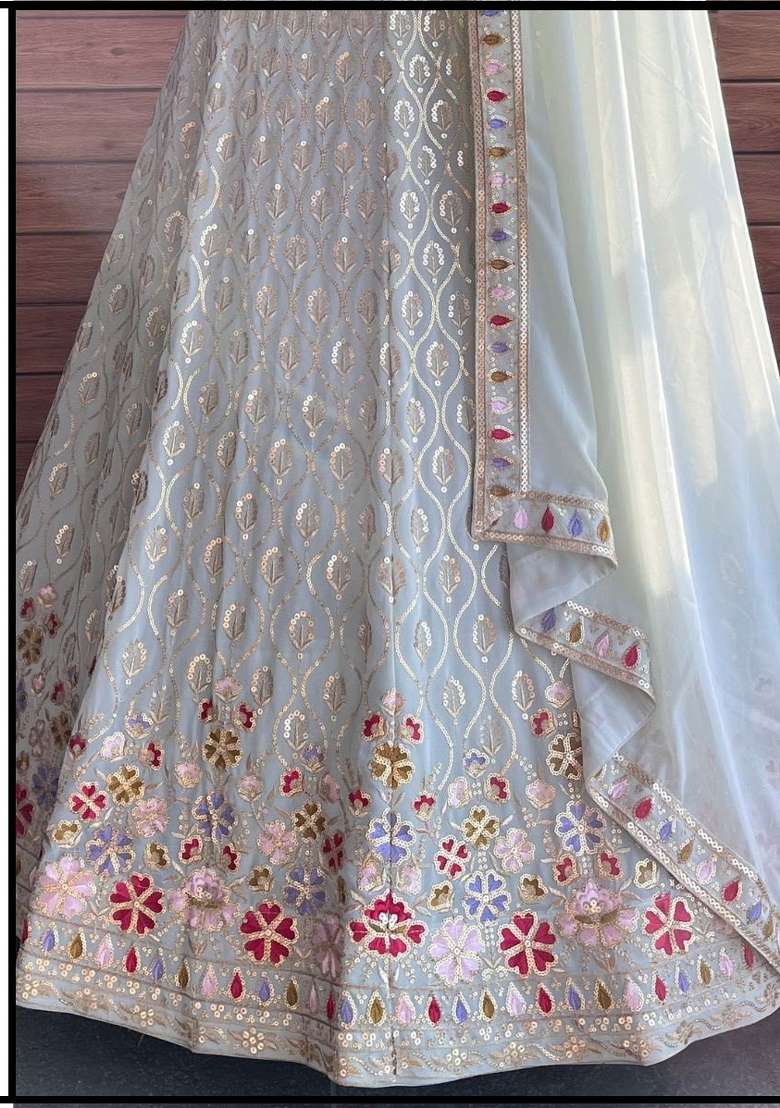 White embroidered Georgette Lehenga Set With Dupatta - Indya