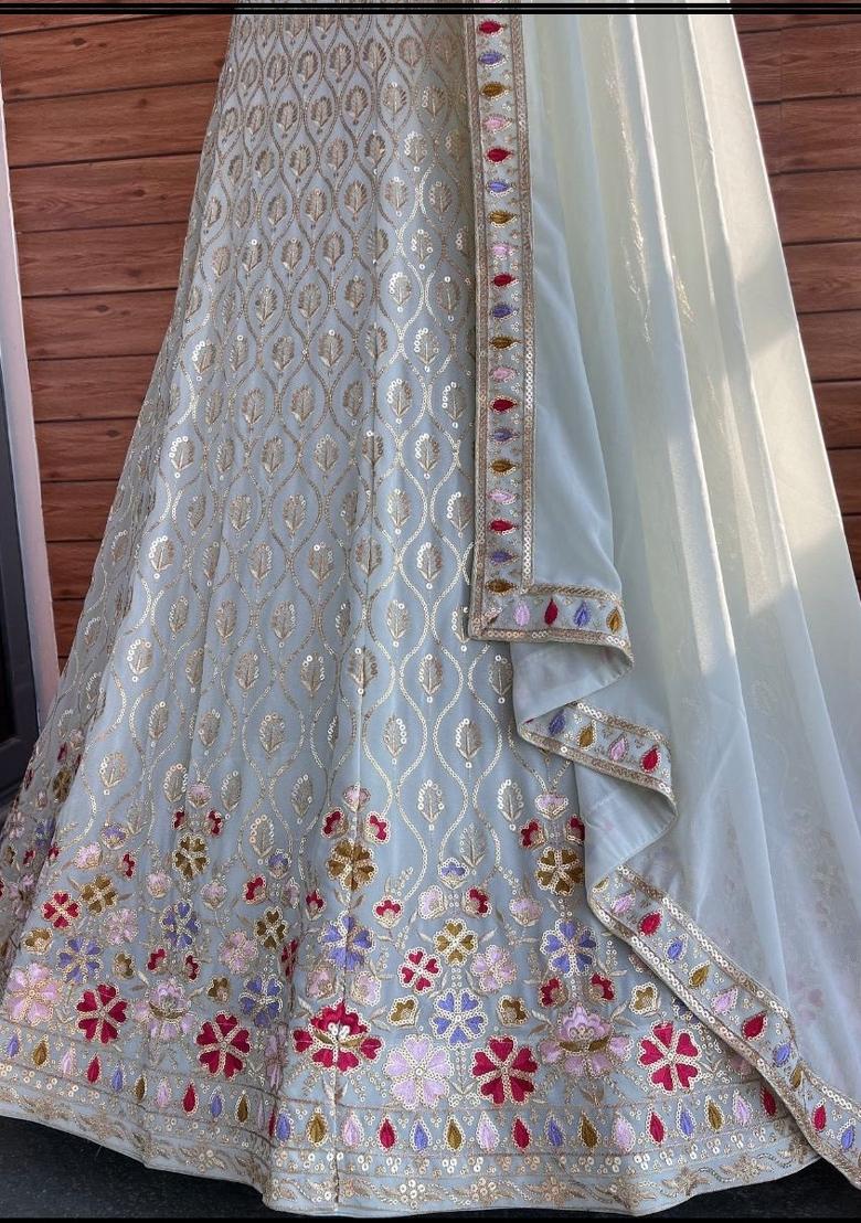 White embroidered Georgette Lehenga Set With Dupatta