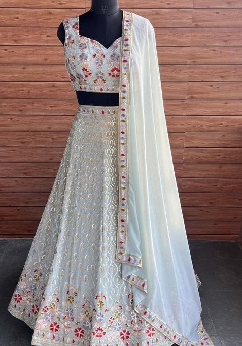 White embroidered Georgette Lehenga Set With Dupatta