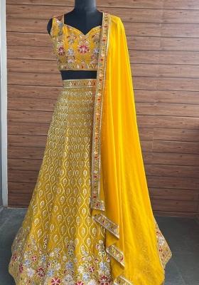 Yellow embroidered Georgette Lehenga Set With Dupatta