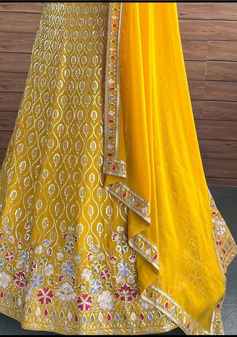 Yellow embroidered Georgette Lehenga Set With Dupatta