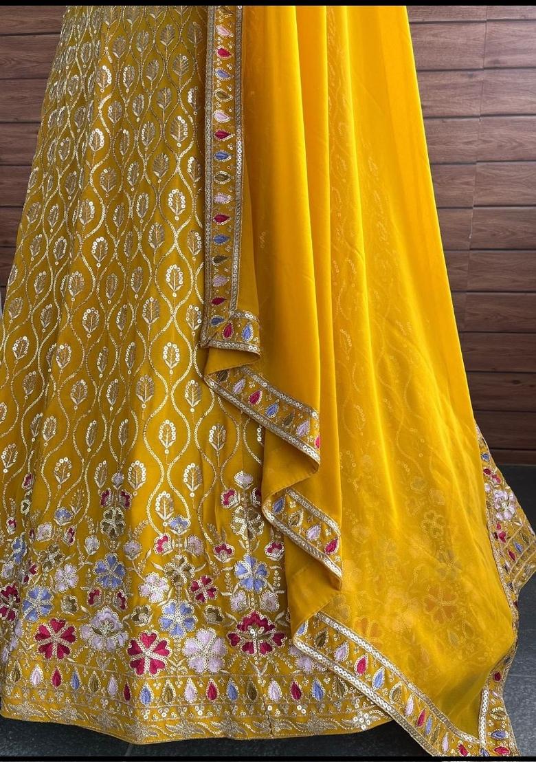 Yellow embroidered Georgette Lehenga Set With Dupatta