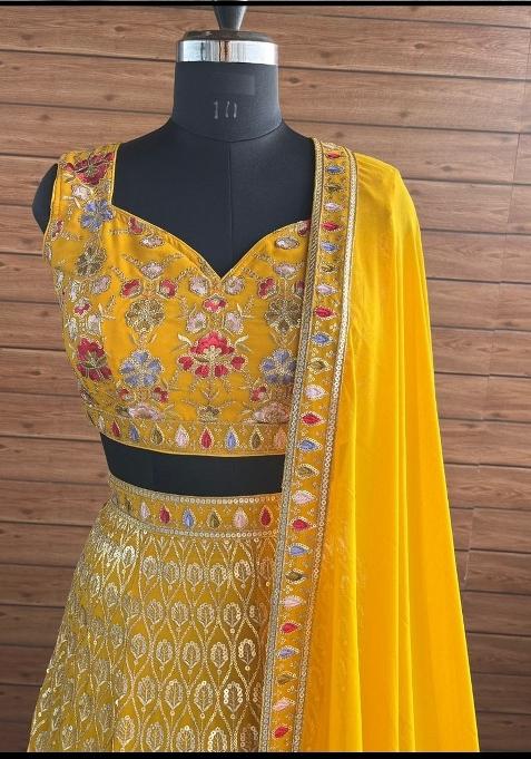 Yellow embroidered Georgette Lehenga Set With Dupatta