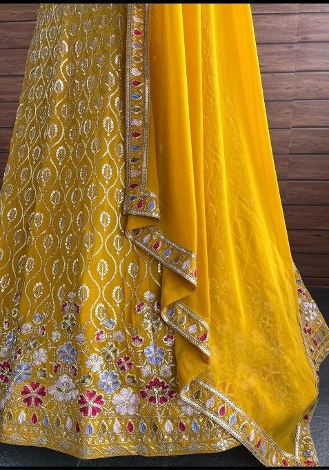 Yellow embroidered Georgette Lehenga Set With Dupatta