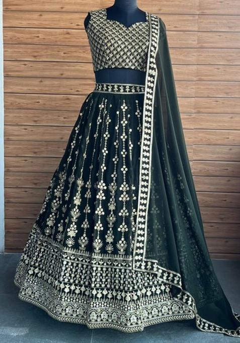 Green embroidered Georgette Lehenga Set With Dupatta