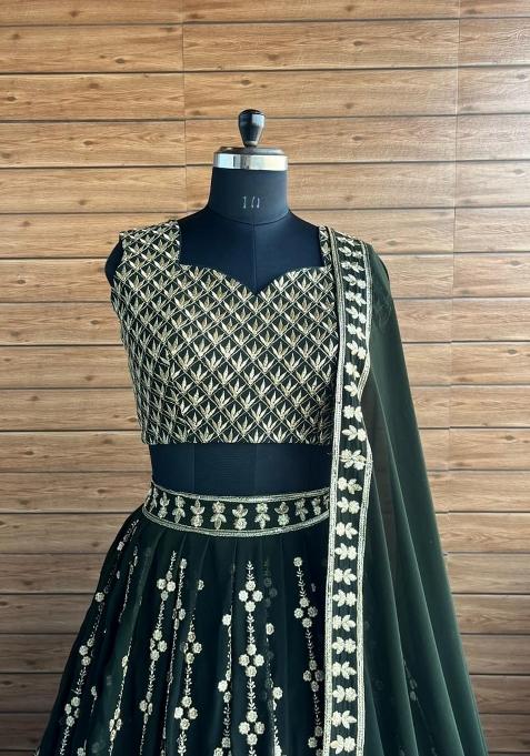 Green embroidered Georgette Lehenga Set With Dupatta