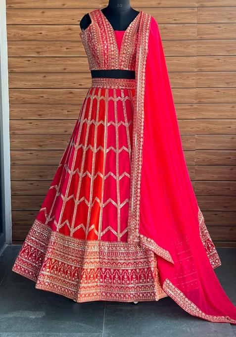Pink embroidered Georgette Lehenga Set With Dupatta