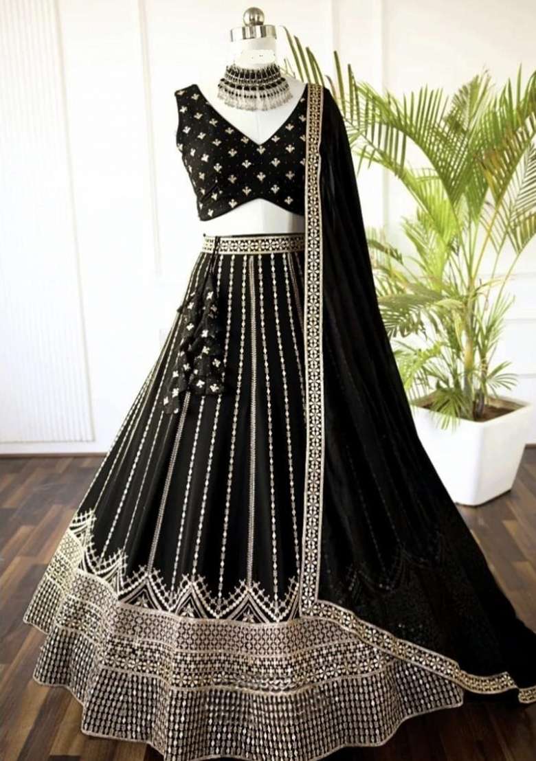 Black embroidered Georgette Lehenga Set With Dupatta - Indya