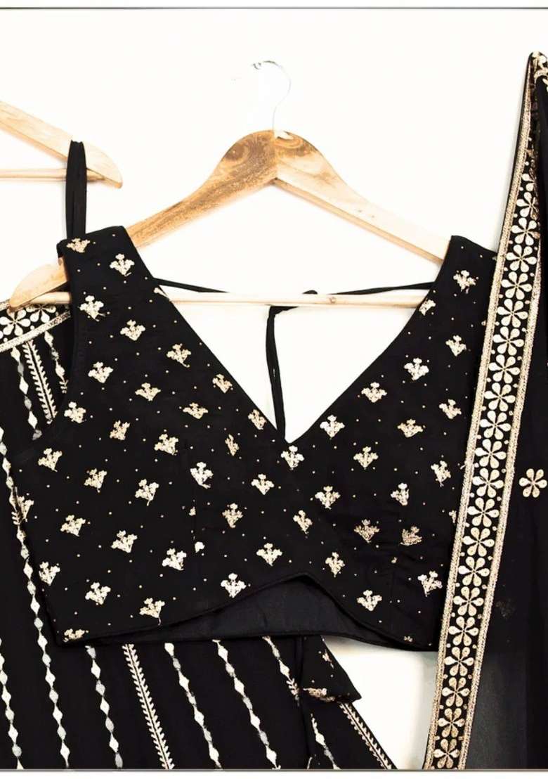 Black embroidered Georgette Lehenga Set With Dupatta - Indya